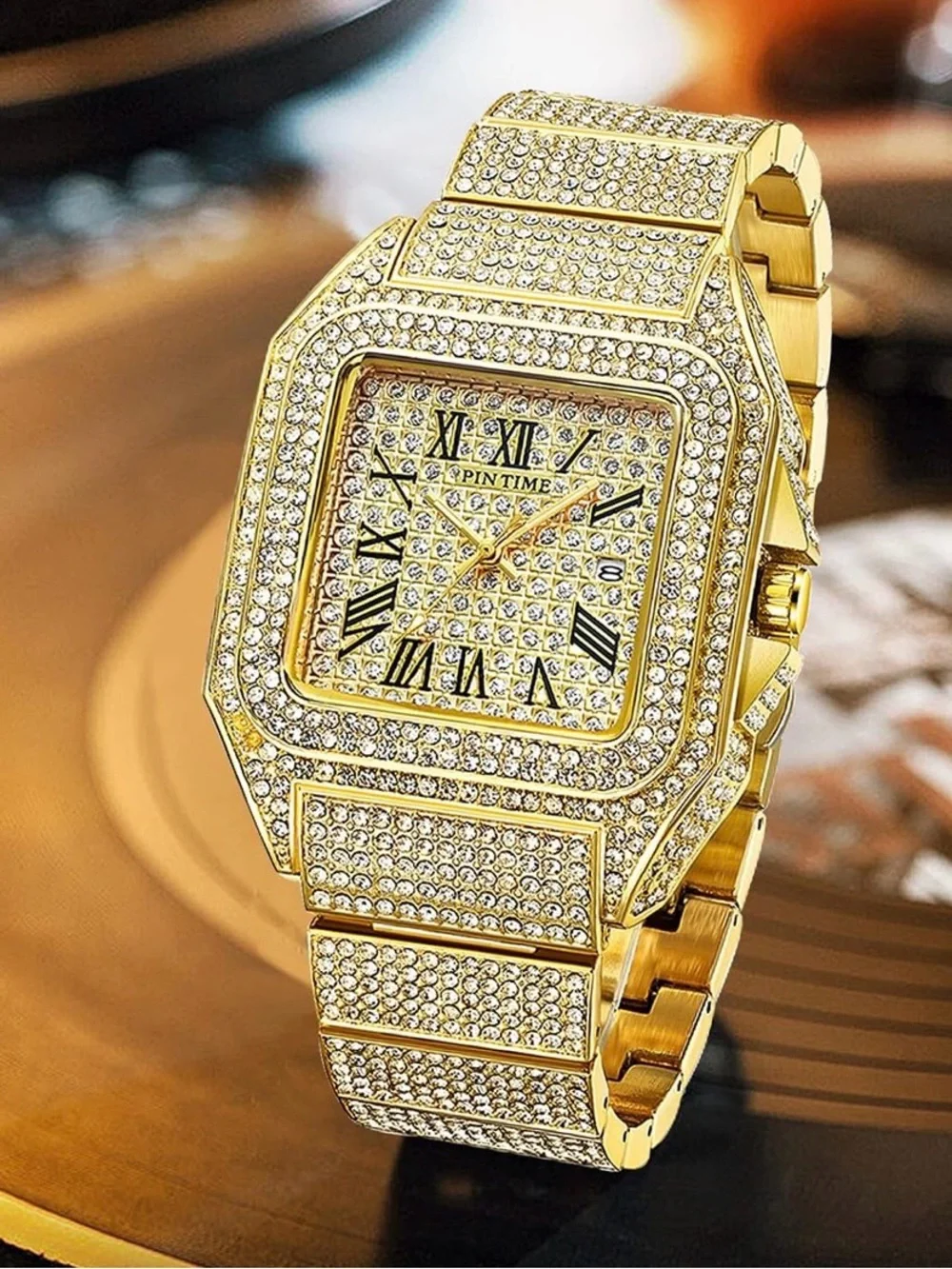 Pintime Iced Out Vintage Gold Diamond Moissanite Stainless Steel Watch